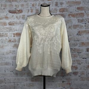 Vintage 1980s Abstract Embellished Dolman Sleeve Crewneck Knit Pullover Sweater